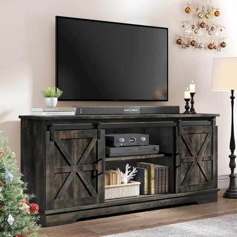 Meuble TV Evelynn avec porte de grange coulissante, meuble de divertissement en bois de style ferme pour téléviseurs jusqu'à 65 pouces, blanc