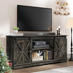 Meuble TV Evelynn avec porte de grange coulissante, meuble de divertissement en bois de style ferme pour téléviseurs jusqu'à 65 pouces, blanc