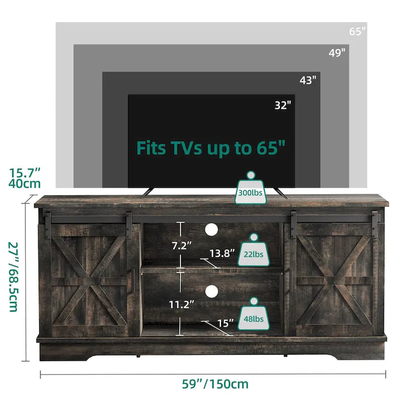 Meuble TV Evelynn avec porte de grange coulissante, meuble de divertissement en bois de style ferme pour téléviseurs jusqu'à 65 pouces, blanc