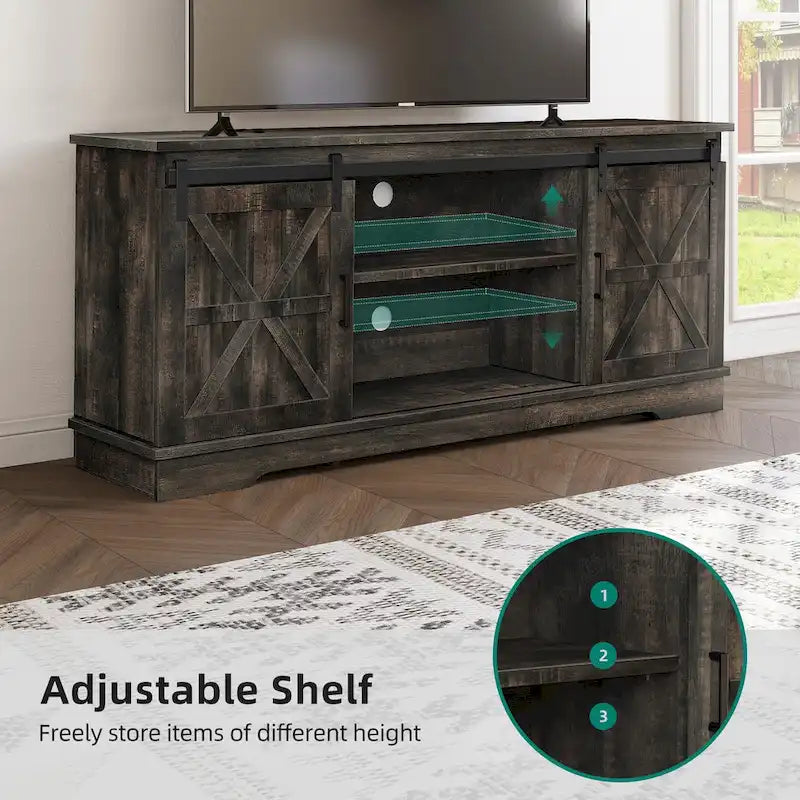 Meuble TV Evelynn avec porte de grange coulissante, meuble de divertissement en bois de style ferme pour téléviseurs jusqu'à 65 pouces, blanc