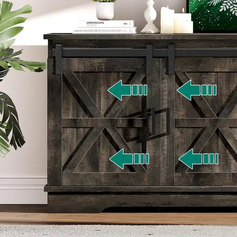 Meuble TV Evelynn avec porte de grange coulissante, meuble de divertissement en bois de style ferme pour téléviseurs jusqu'à 65 pouces, blanc