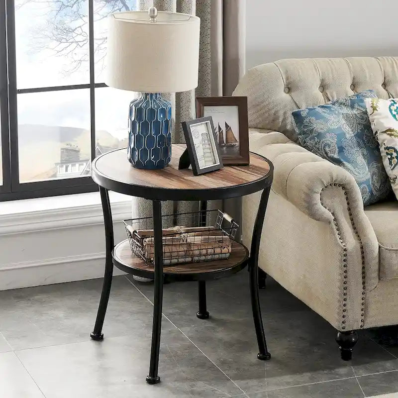 Myhozm Table d'appoint ronde rustique avec rangement, table d'appoint industrielle pour salon