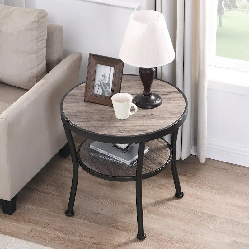 Myhozm Table d'appoint ronde rustique avec rangement, table d'appoint industrielle pour salon