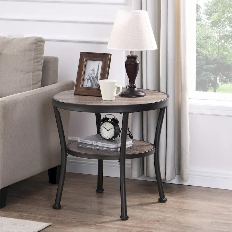 Myhozm Table d'appoint ronde rustique avec rangement, table d'appoint industrielle pour salon