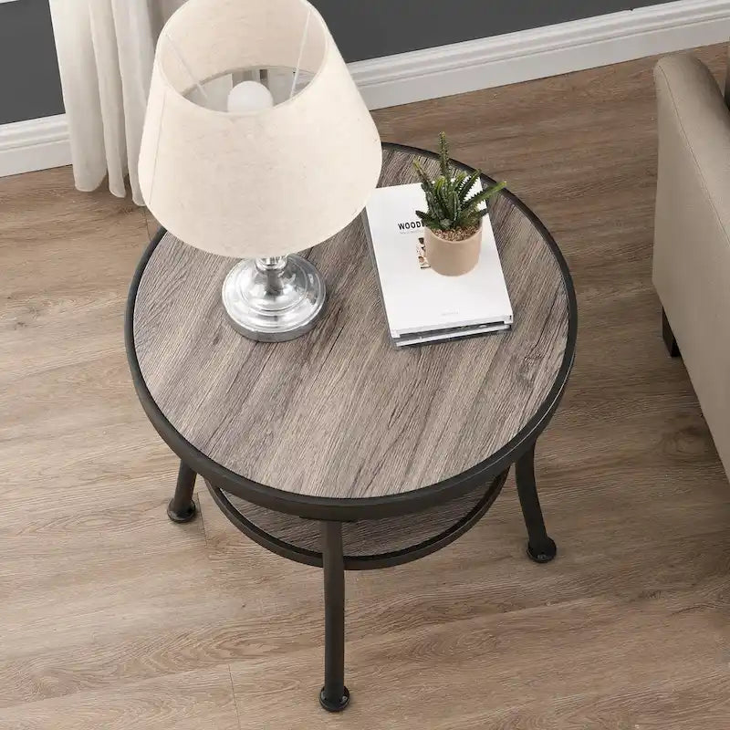 Myhozm Table d'appoint ronde rustique avec rangement, table d'appoint industrielle pour salon