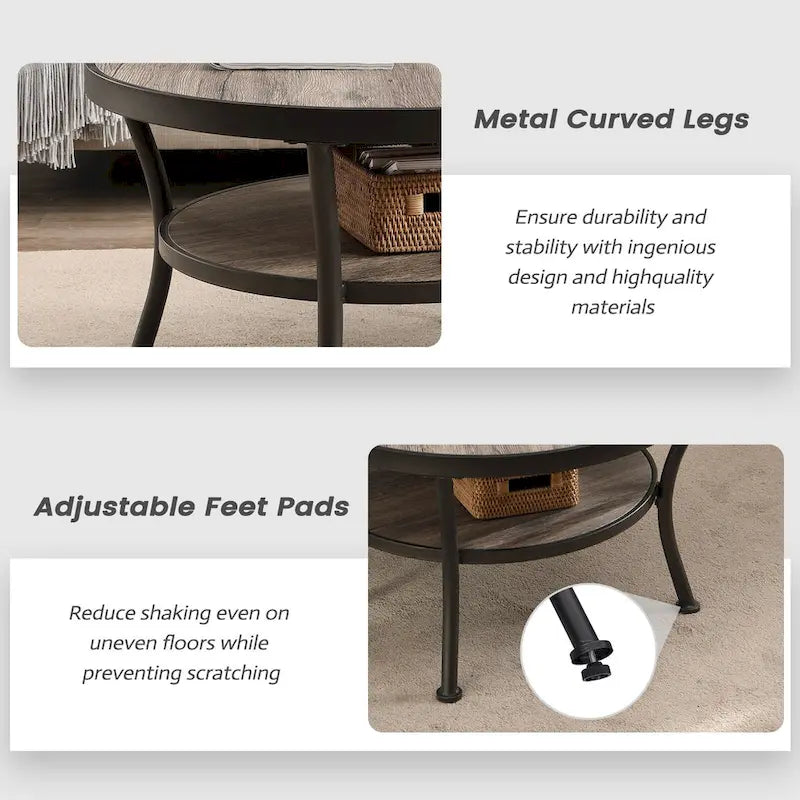 Myhozm Table d'appoint ronde rustique avec rangement, table d'appoint industrielle pour salon