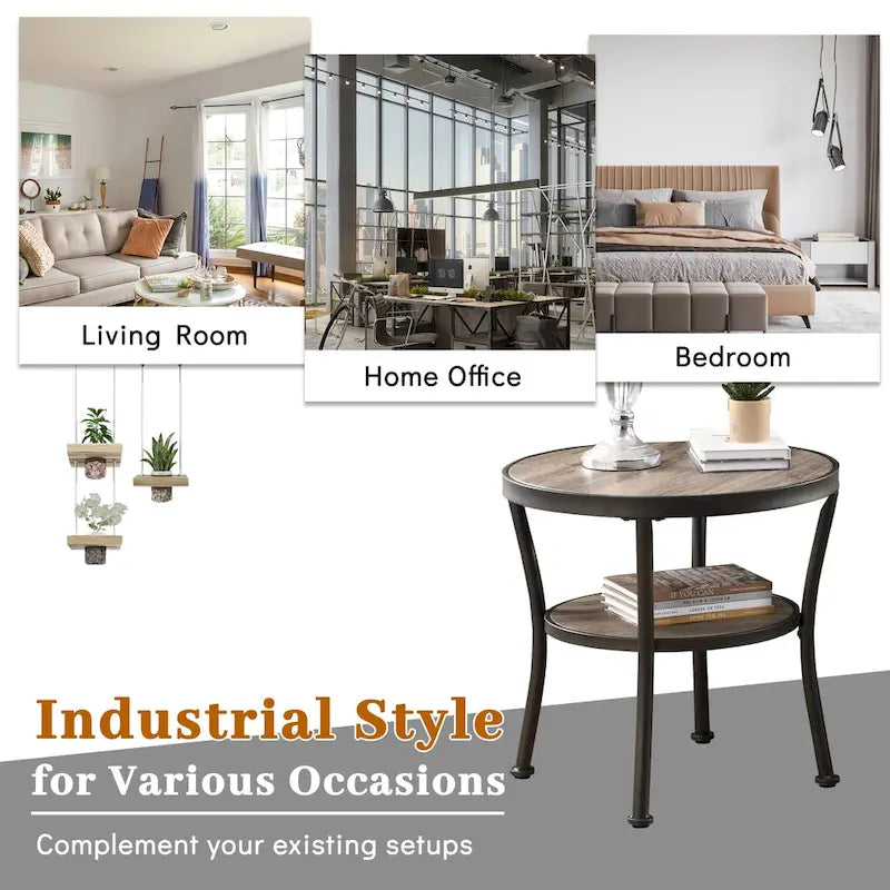 Myhozm Table d'appoint ronde rustique avec rangement, table d'appoint industrielle pour salon