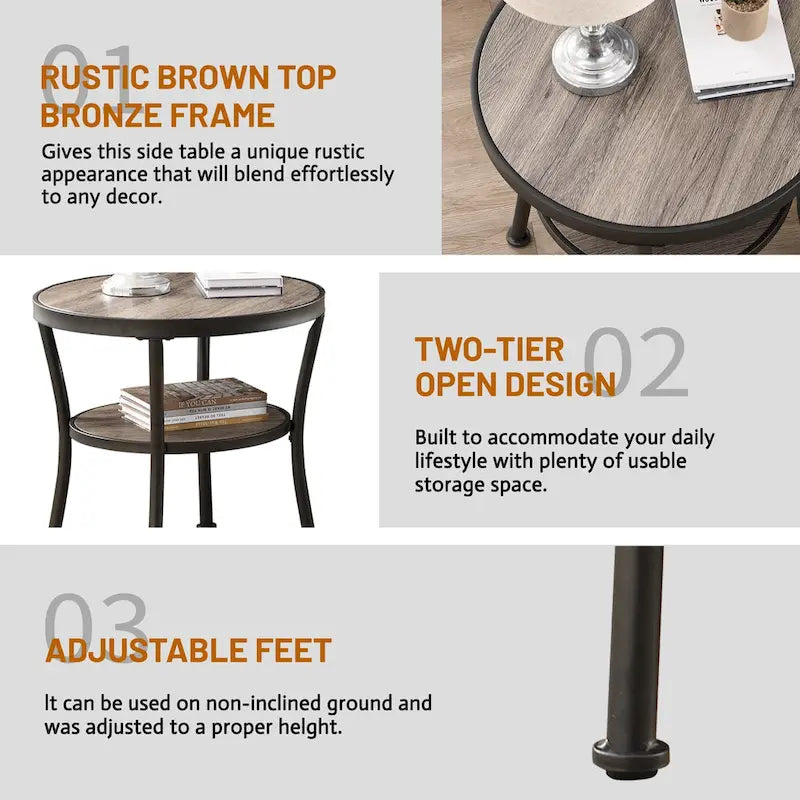 Myhozm Table d'appoint ronde rustique avec rangement, table d'appoint industrielle pour salon