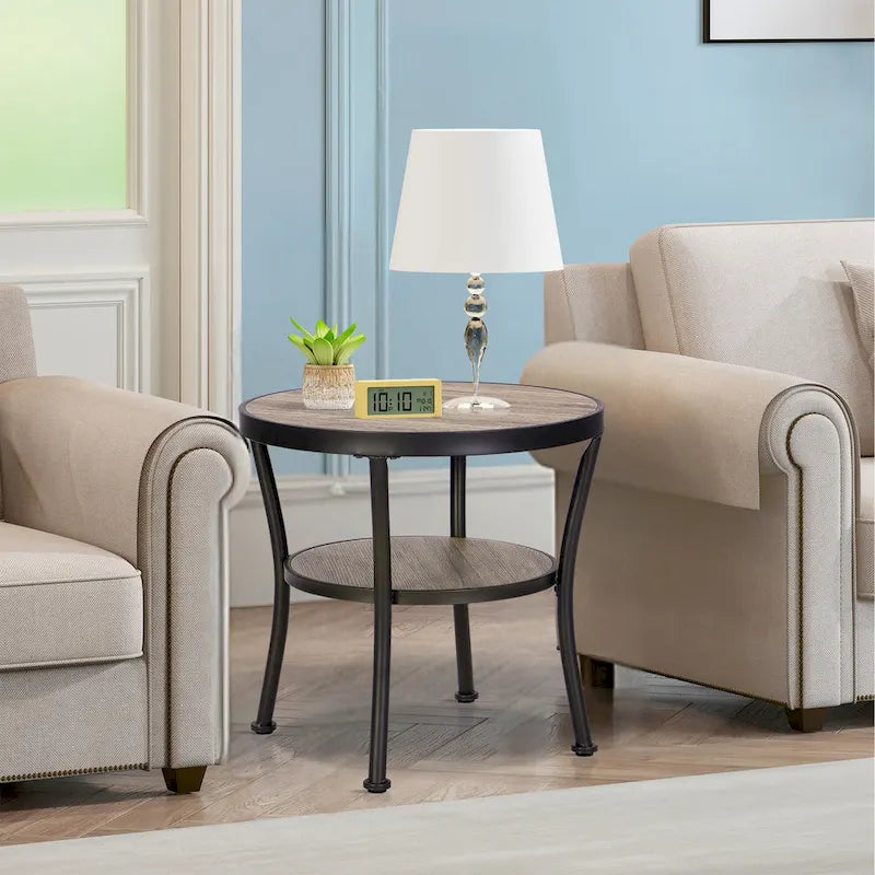 Myhozm Table d'appoint ronde rustique avec rangement, table d'appoint industrielle pour salon