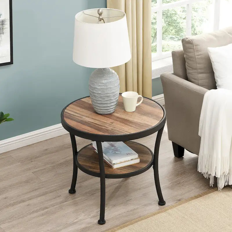 Myhozm Table d'appoint ronde rustique avec rangement, table d'appoint industrielle pour salon