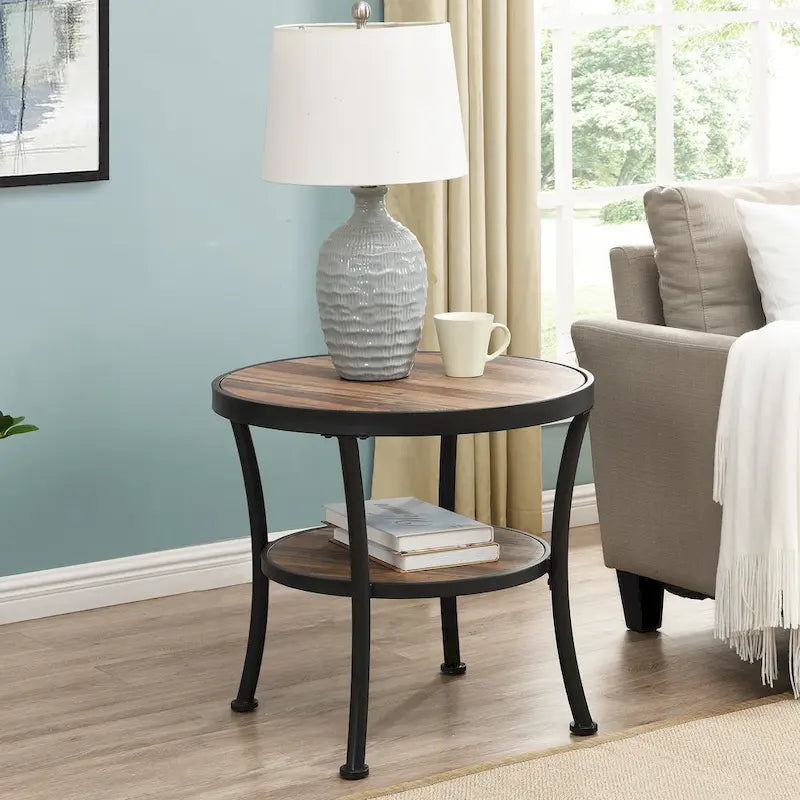 Myhozm Table d'appoint ronde rustique avec rangement, table d'appoint industrielle pour salon