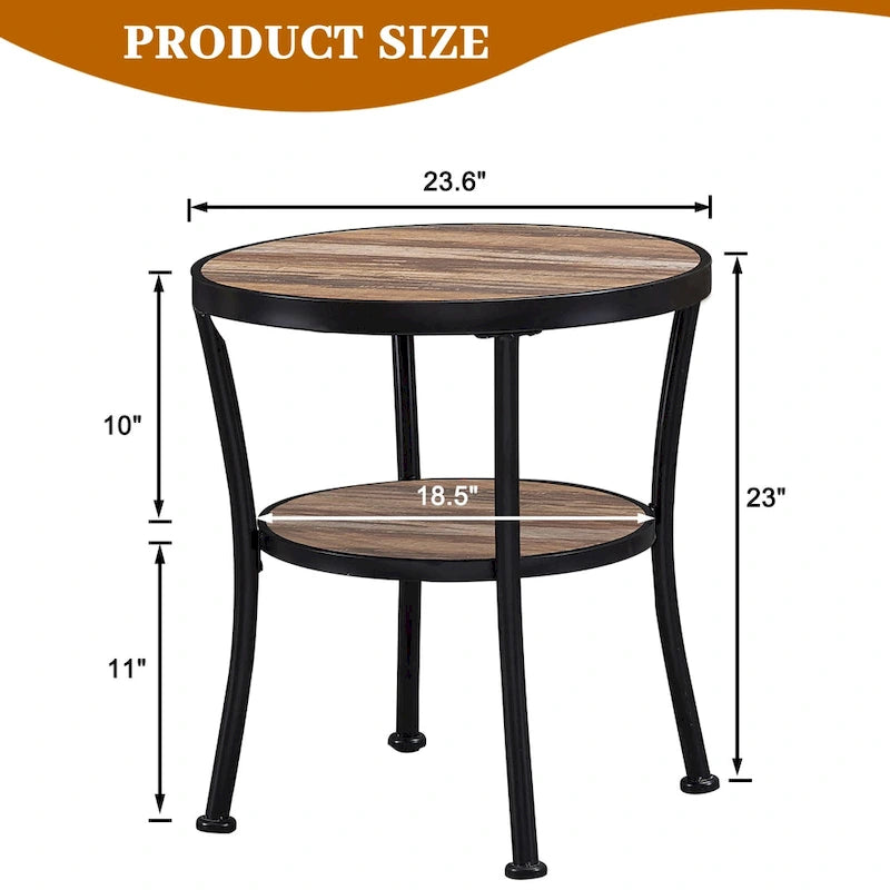 Myhozm Table d'appoint ronde rustique avec rangement, table d'appoint industrielle pour salon