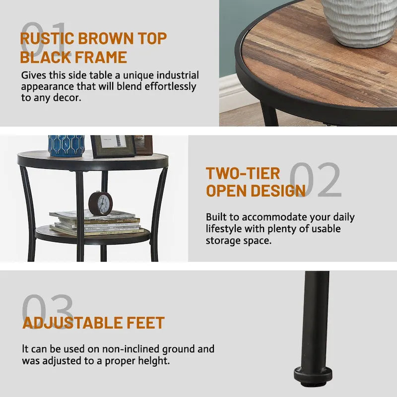 Myhozm Table d'appoint ronde rustique avec rangement, table d'appoint industrielle pour salon