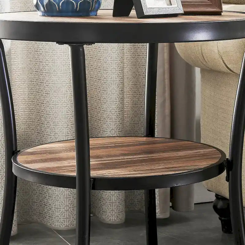 Myhozm Table d'appoint ronde rustique avec rangement, table d'appoint industrielle pour salon