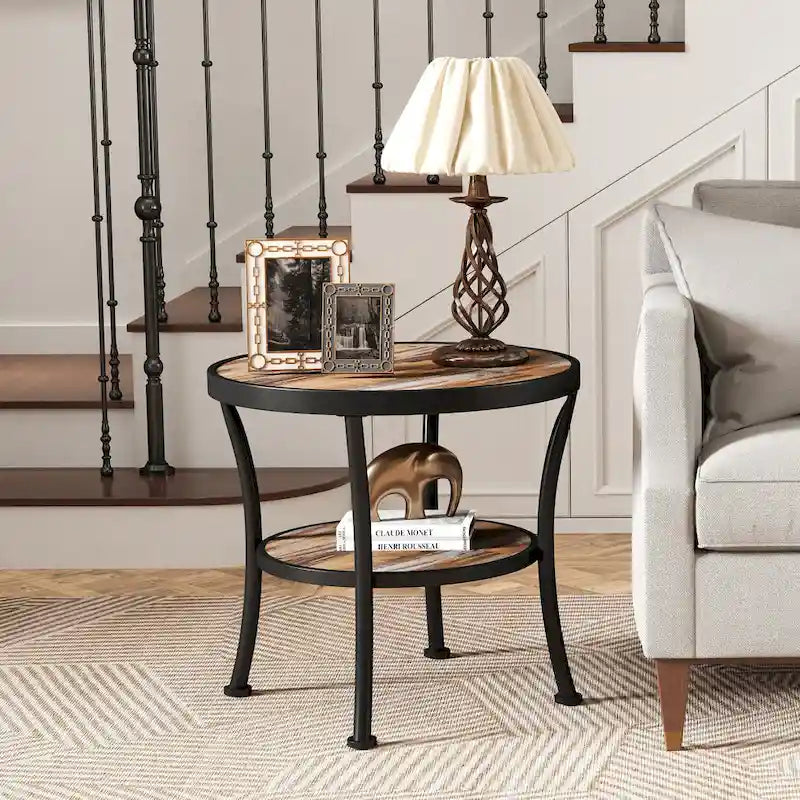 Myhozm Table d'appoint ronde rustique avec rangement, table d'appoint industrielle pour salon