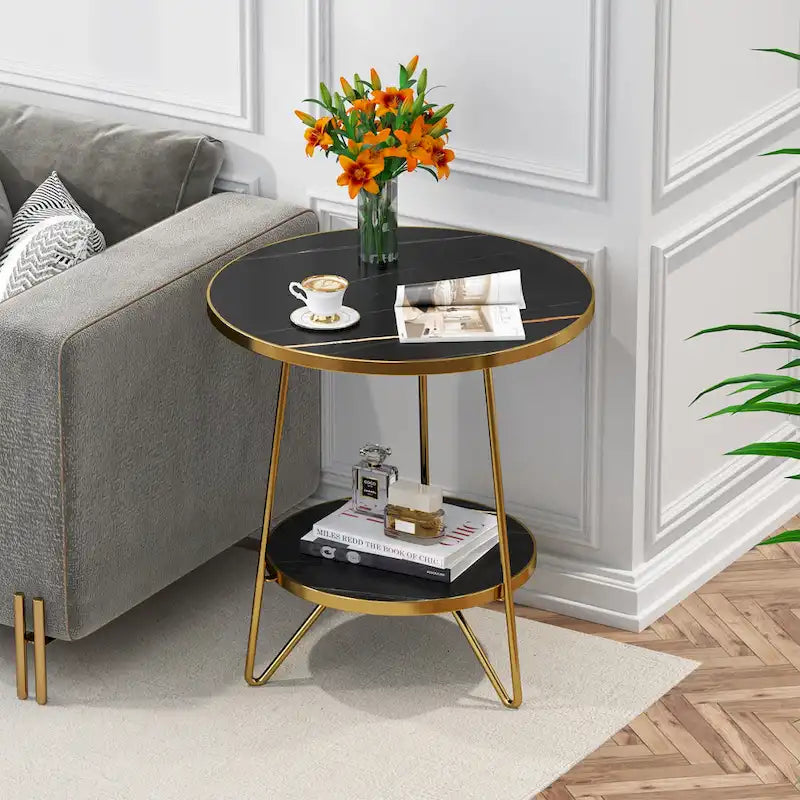 Table d'appoint/de chevet en marbre doré avec étagères