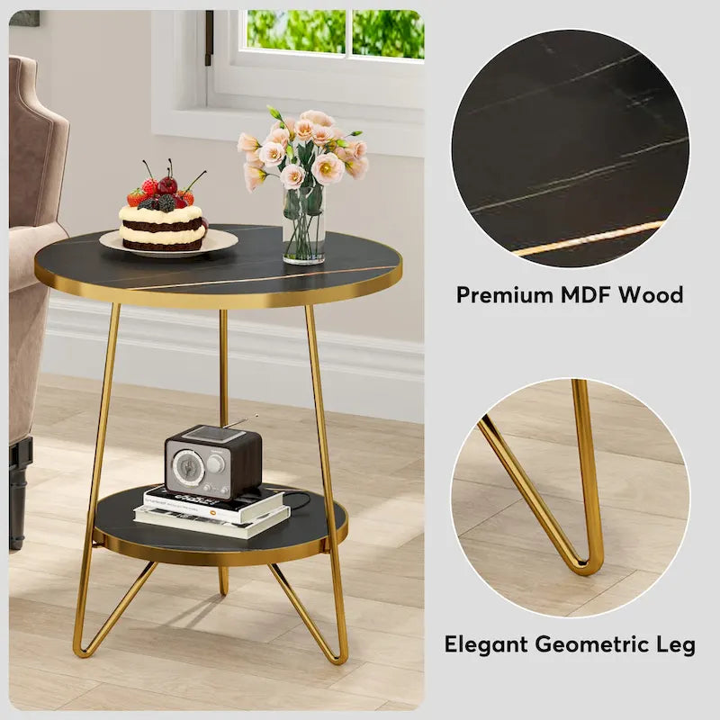 Table d'appoint/de chevet en marbre doré avec étagères