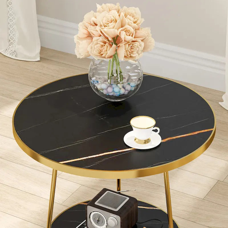 Table d'appoint/de chevet en marbre doré avec étagères
