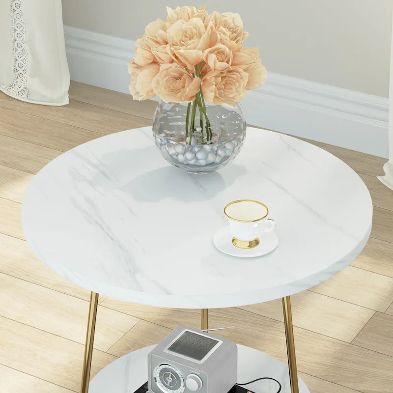 Table d'appoint/de chevet en marbre doré avec étagères
