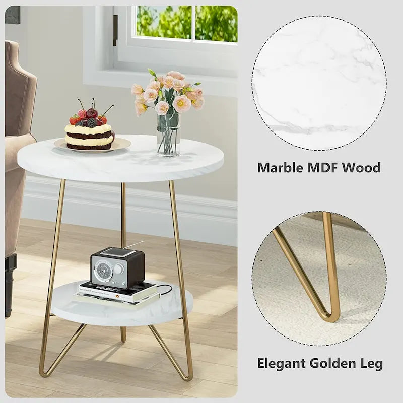 Table d'appoint/de chevet en marbre doré avec étagères