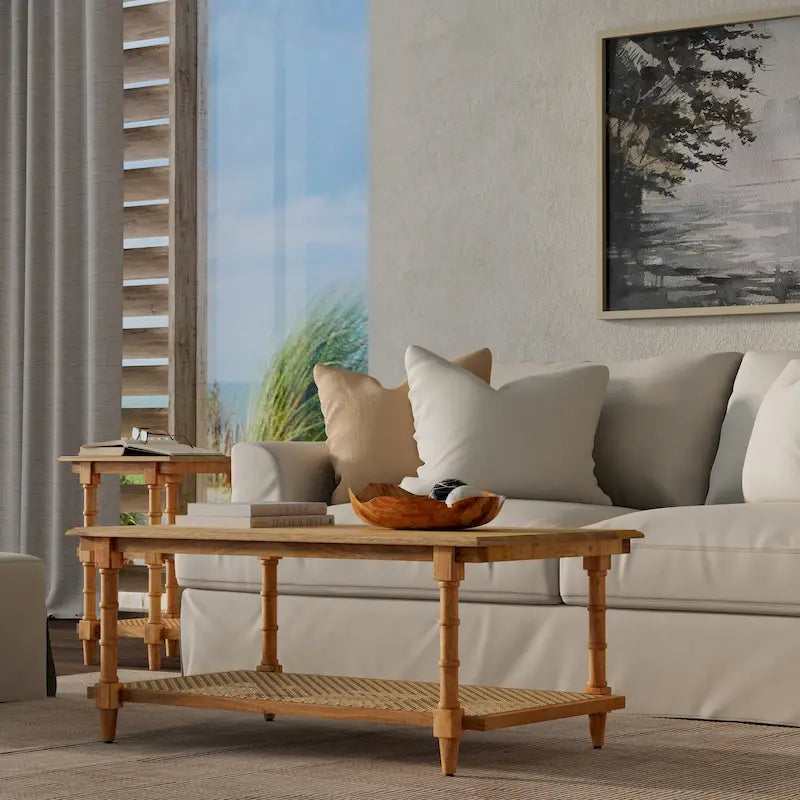 Table basse en bois et rotin Chesterfield - Blanc délavé