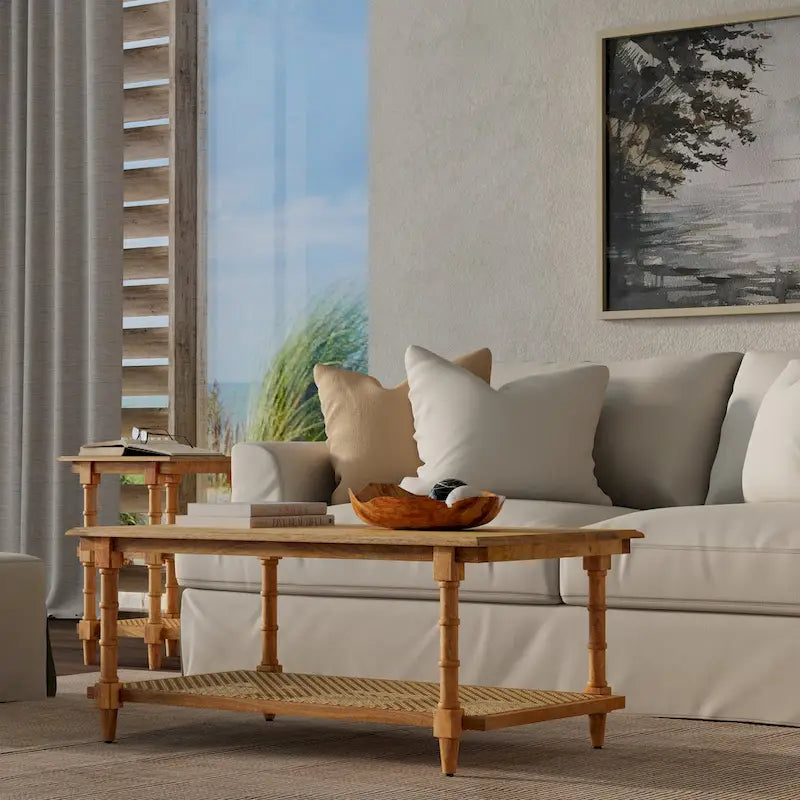 Table basse en bois et rotin Chesterfield - Blanc délavé