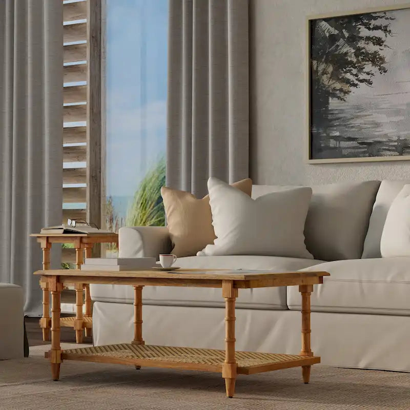 Table basse en bois et rotin Chesterfield - Blanc délavé