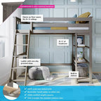 Max and Lily Twin Size High Loft Bed with Bookcase