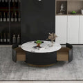 Table basse moderne en forme de tambour avec placage de chêne, Table basse en pierre frittée avec 2 tiroirs en bois massif