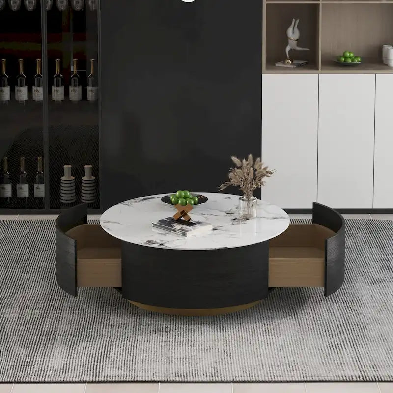 Table basse moderne en forme de tambour avec placage de chêne, Table basse en pierre frittée avec 2 tiroirs en bois massif