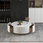 Table basse moderne en forme de tambour avec placage de chêne, Table basse en pierre frittée avec 2 tiroirs en bois massif