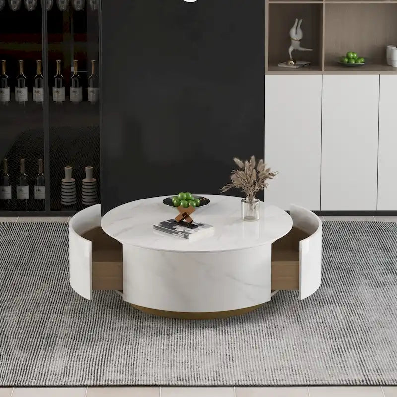 Table basse moderne en forme de tambour avec placage de chêne, Table basse en pierre frittée avec 2 tiroirs en bois massif