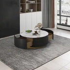 Table basse moderne en forme de tambour avec placage de chêne, Table basse en pierre frittée avec 2 tiroirs en bois massif