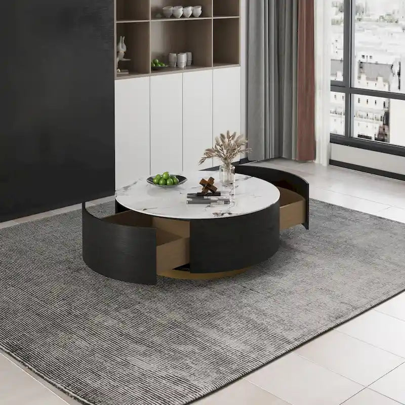 Table basse moderne en forme de tambour avec placage de chêne, Table basse en pierre frittée avec 2 tiroirs en bois massif