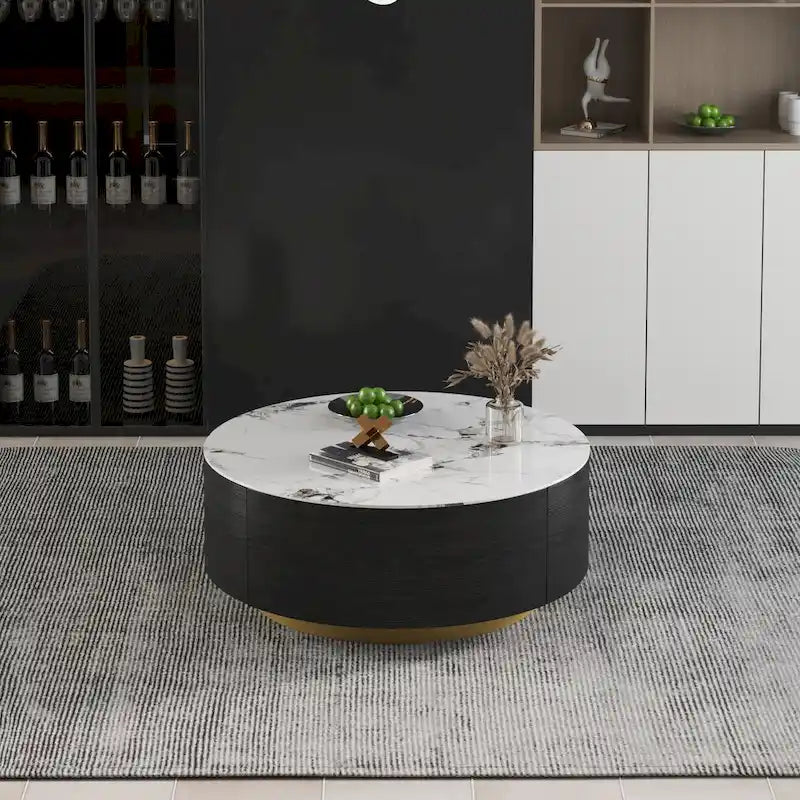 Table basse moderne en forme de tambour avec placage de chêne, Table basse en pierre frittée avec 2 tiroirs en bois massif
