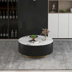 Table basse moderne en forme de tambour avec placage de chêne, Table basse en pierre frittée avec 2 tiroirs en bois massif