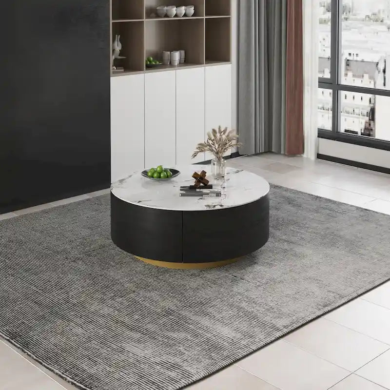 Table basse moderne en forme de tambour avec placage de chêne, Table basse en pierre frittée avec 2 tiroirs en bois massif