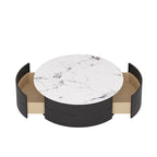 Table basse moderne en forme de tambour avec placage de chêne, Table basse en pierre frittée avec 2 tiroirs en bois massif