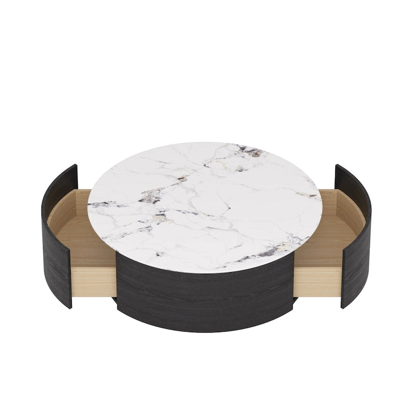 Table basse moderne en forme de tambour avec placage de chêne, Table basse en pierre frittée avec 2 tiroirs en bois massif