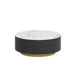 Table basse moderne en forme de tambour avec placage de chêne, Table basse en pierre frittée avec 2 tiroirs en bois massif