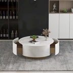 Table basse moderne en forme de tambour avec placage de chêne, Table basse en pierre frittée avec 2 tiroirs en bois massif