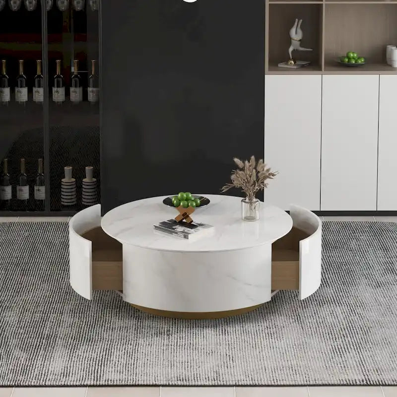 Table basse moderne en forme de tambour avec placage de chêne, Table basse en pierre frittée avec 2 tiroirs en bois massif