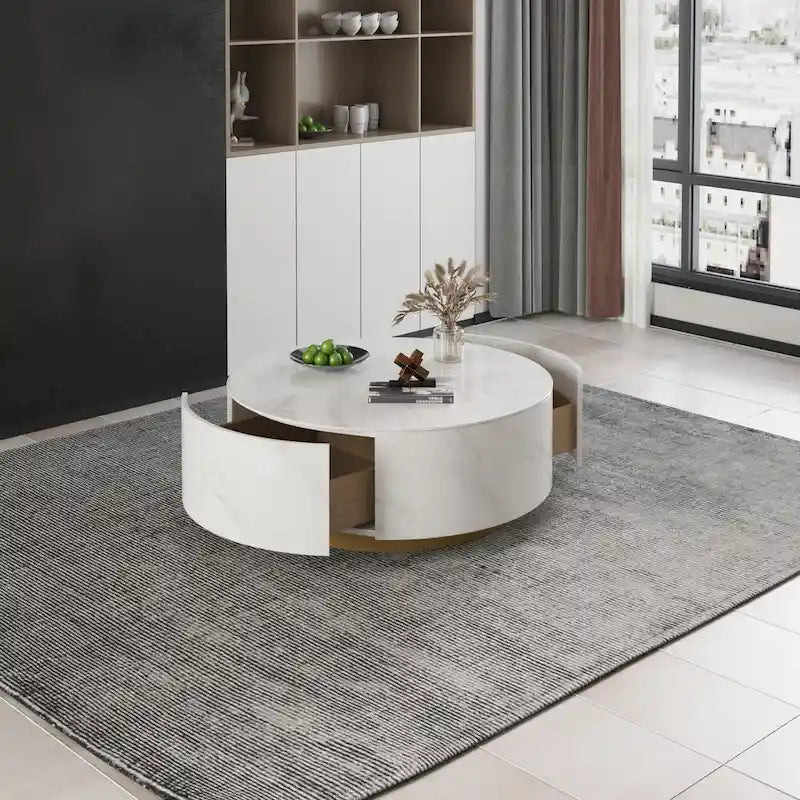 Table basse moderne en forme de tambour avec placage de chêne, Table basse en pierre frittée avec 2 tiroirs en bois massif
