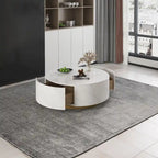 Table basse moderne en forme de tambour avec placage de chêne, Table basse en pierre frittée avec 2 tiroirs en bois massif