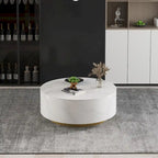 Table basse moderne en forme de tambour avec placage de chêne, Table basse en pierre frittée avec 2 tiroirs en bois massif