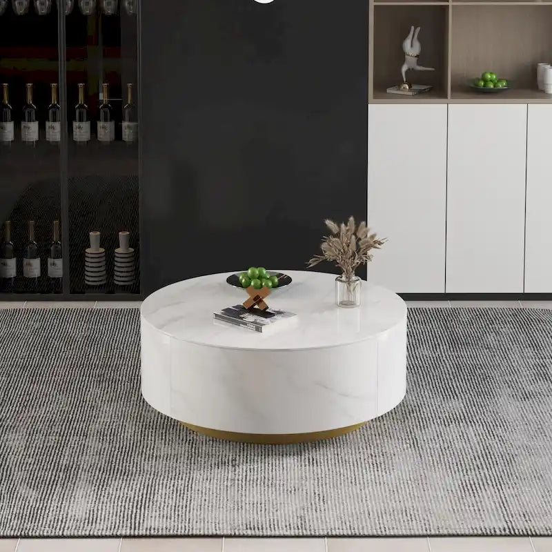 Table basse moderne en forme de tambour avec placage de chêne, Table basse en pierre frittée avec 2 tiroirs en bois massif