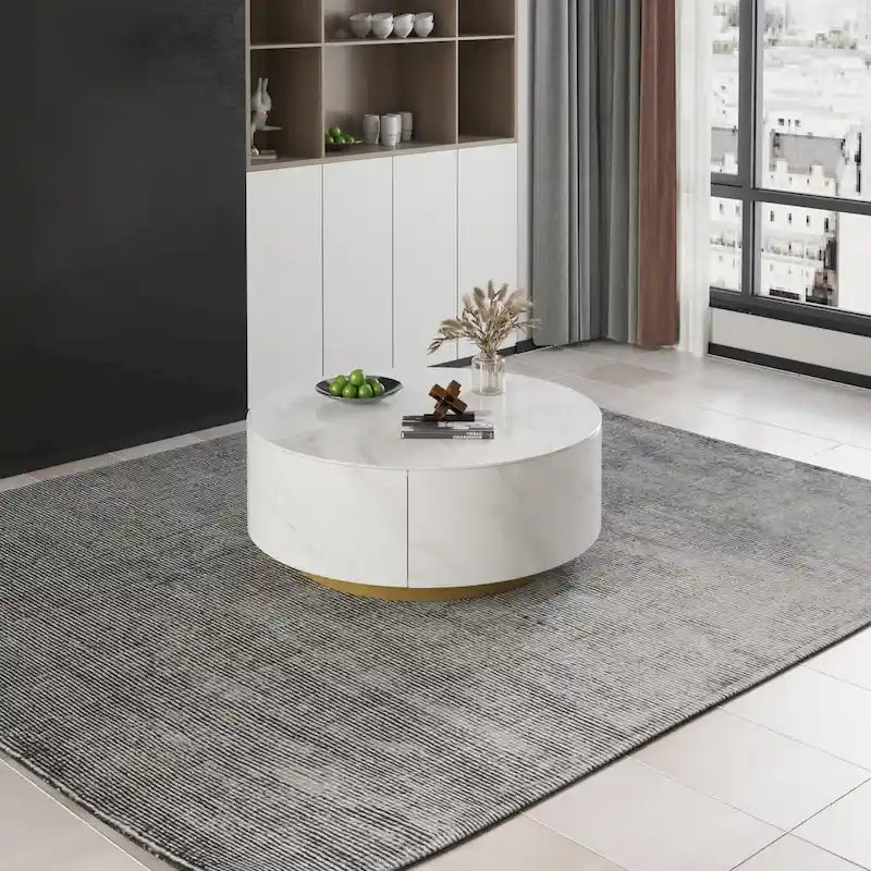 Table basse moderne en forme de tambour avec placage de chêne, Table basse en pierre frittée avec 2 tiroirs en bois massif