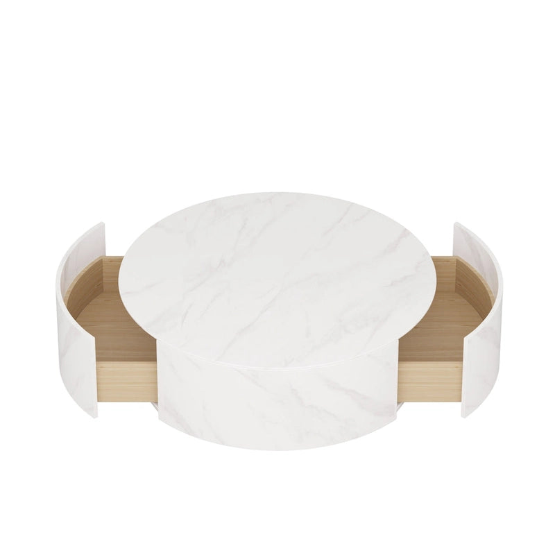 Table basse moderne en forme de tambour avec placage de chêne, Table basse en pierre frittée avec 2 tiroirs en bois massif