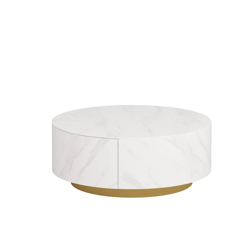 Table basse moderne en forme de tambour avec placage de chêne, Table basse en pierre frittée avec 2 tiroirs en bois massif