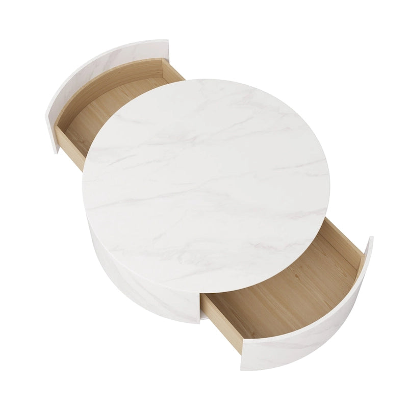 Table basse moderne en forme de tambour avec placage de chêne, Table basse en pierre frittée avec 2 tiroirs en bois massif